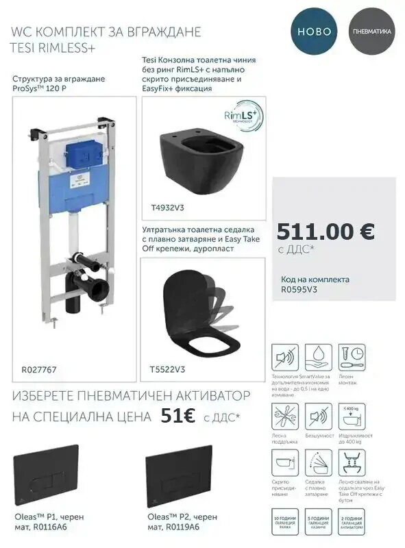 Структура за вграждане Prosys 120P и тоалетна Tesi Rimless - Ideal Standard