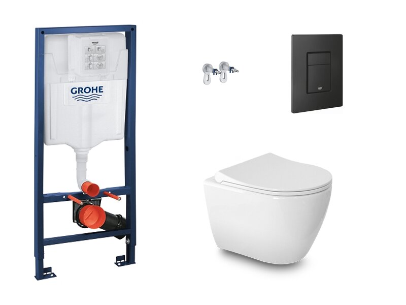 Конзолна тоалетна Uno с черен бутон и структура за вграждане Grohe